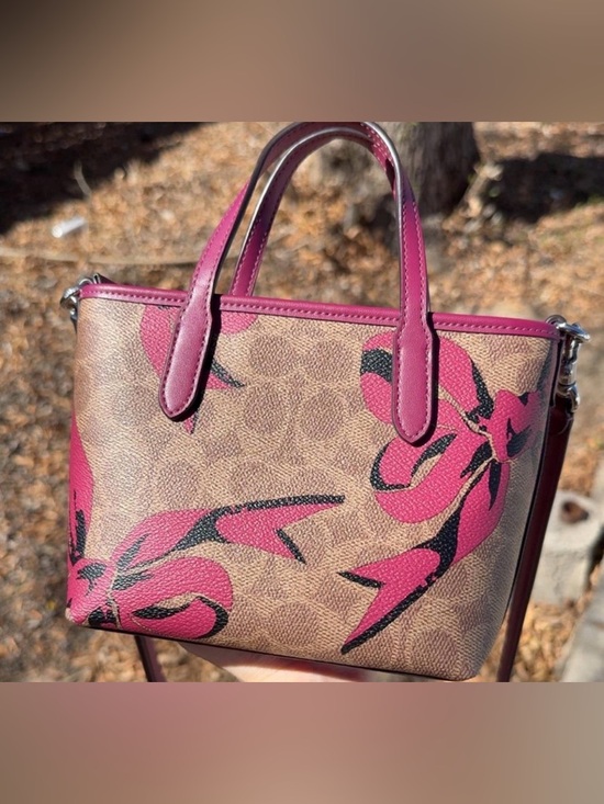 COACH Brown Signature Canvas Satchel with Pink Floral Trim - Picture 3 of 5